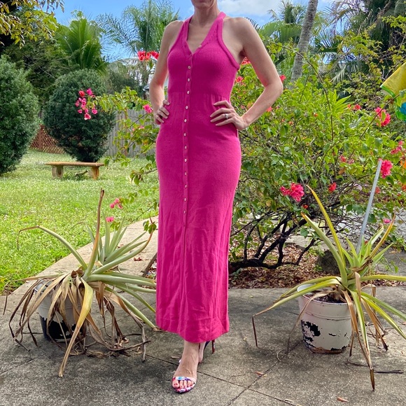 Vintage Dresses & Skirts - Vintage Hot Pink Button Down Halter Wool Long Maxi Dress!